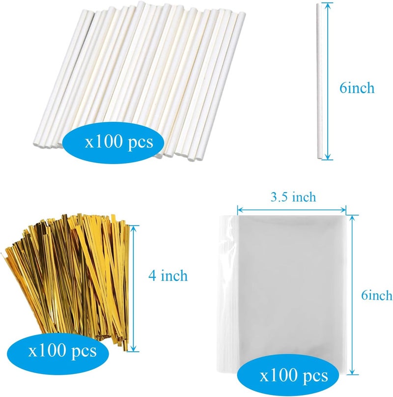 Eiahonen 300 PCS Cake Pop Sticks and Wrappers Kit Including 100ct 6-inch Cake Pop Paper Lollipop Sticks, 100ct Clear Candy Treat Bags, 100ct Gold Twist Ties for Cake Pops, Lollipops, Candy, Chocolate - Image 2